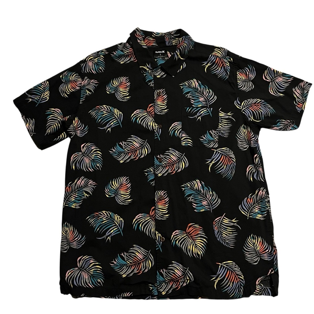 Hurley Black Botanical Floral Print Men's Button Down Short Sleeve Shirt Large